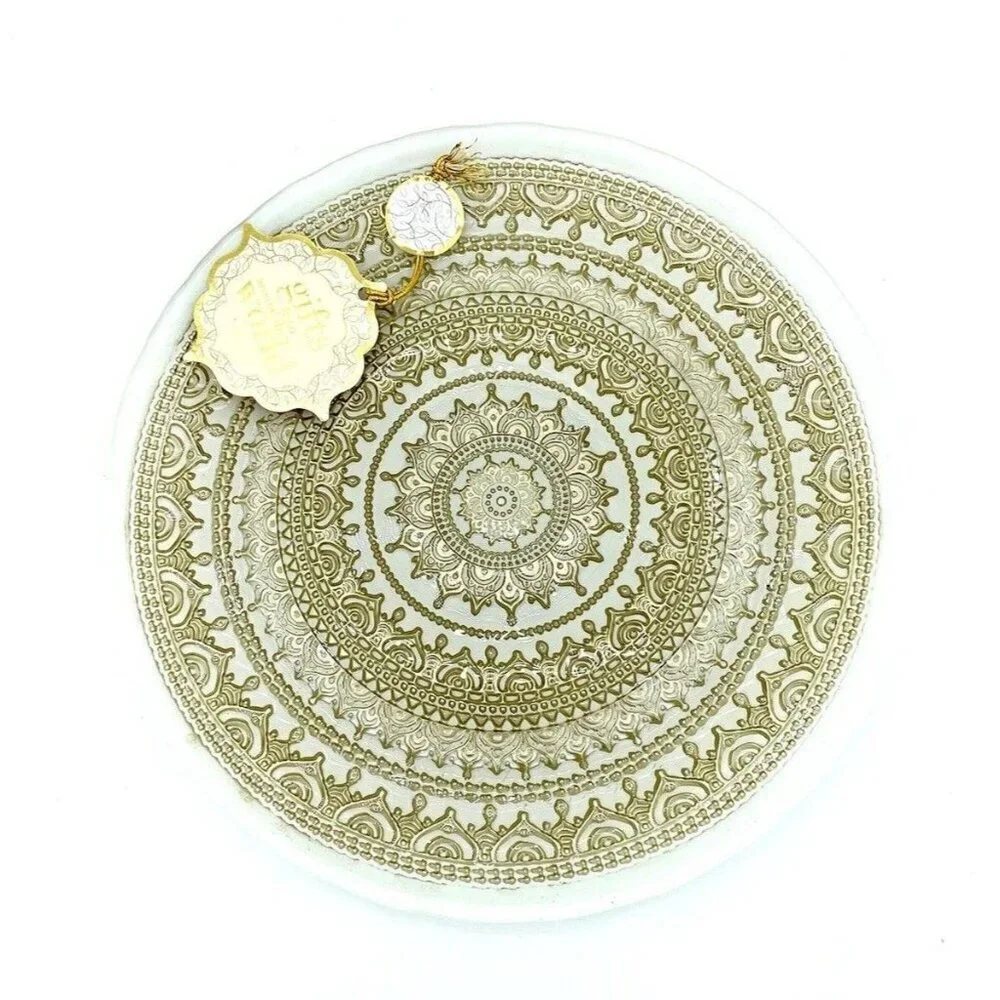 TURKISH GLASS White Entrée Plates Hand Painted Gold Lace Set of 4 NWT Glass
